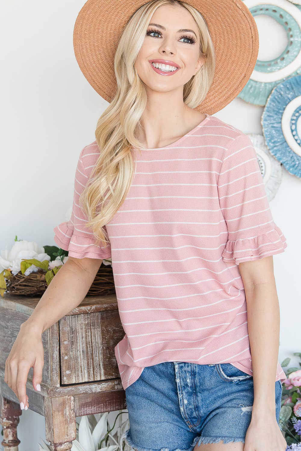 Pink Stripe Print Round Neck Top