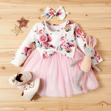 Load image into Gallery viewer, 2-piece Baby / Toddler Girl Floral Print Bowknot Decor Long-sleeve Tulle Dress with Headband Set (No Shoes )
